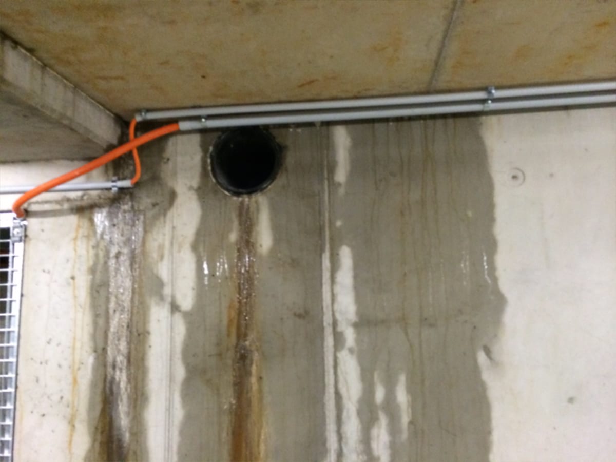 Watervlekken op een betonnen muur en plafond in de buurt van blootliggende leidingen kunnen duiden op een lek. Raadpleeg een vochtbestrijdingsexpert om vocht in huis op te lossen en uw huis te beschermen.